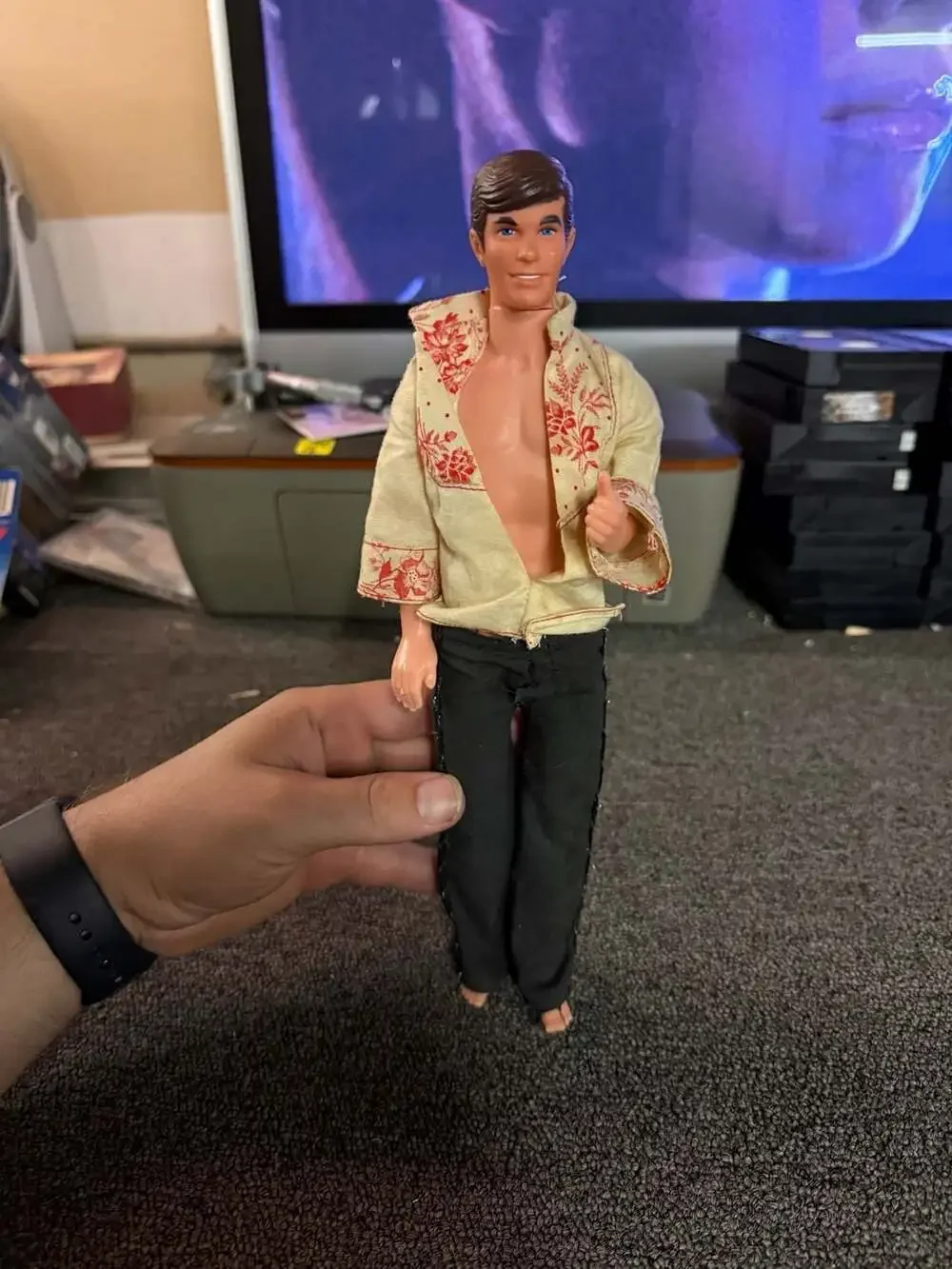 Vintage 1980s Mattel Ken Doll with Floral Embroidered Shirt and Black Trousers